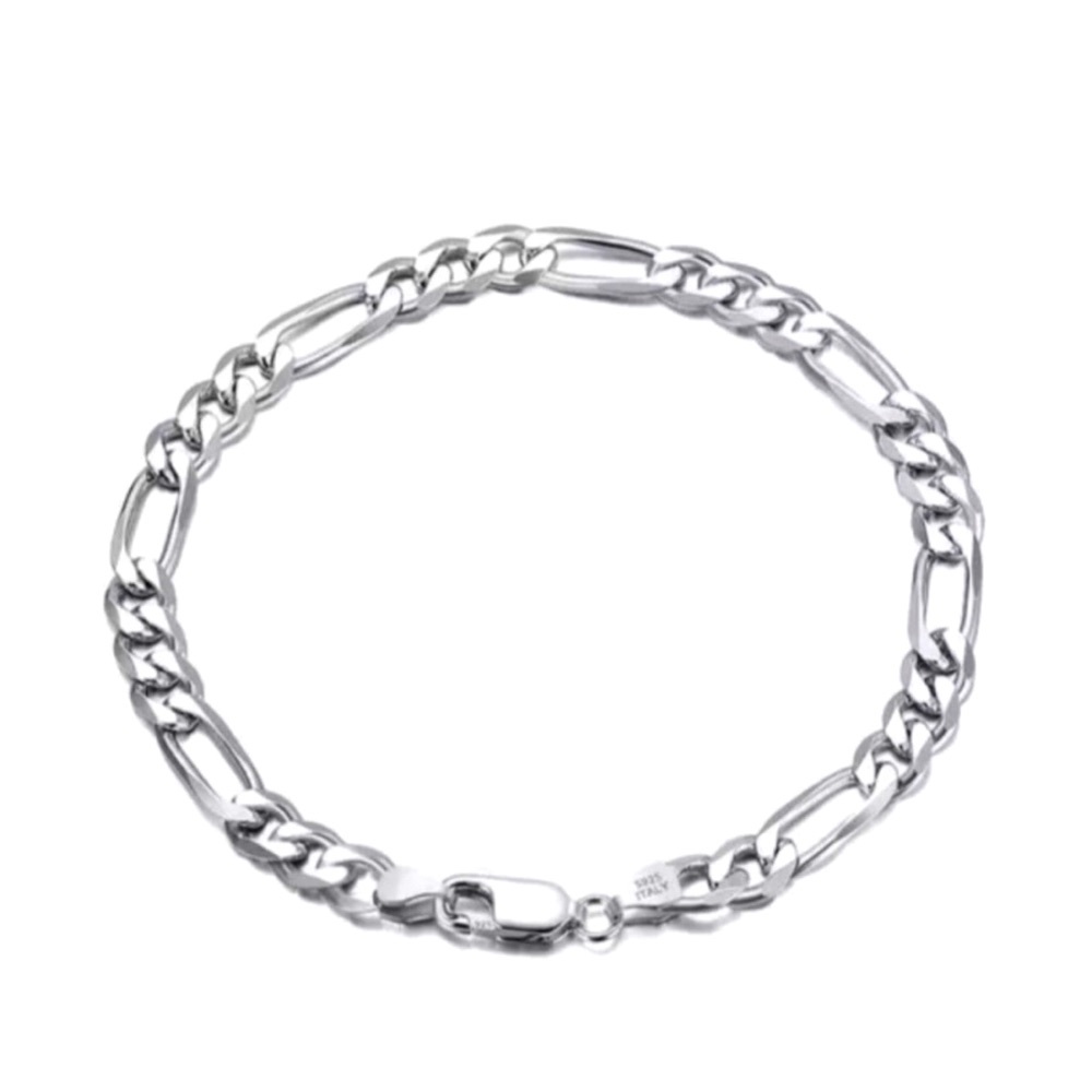 NEW Unisex Rhodium Plated 925 Sterling Silver Figaro Chain Bracelet, 8”